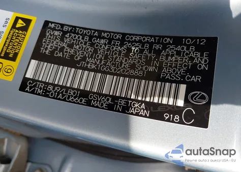 2013 Lexus Es 350 from USA, damaged, VIN JTHBK1GG3D2028881